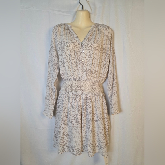 Rails Tan Buttoned Smock Waist Long Sleeve Dress with Animal Print - Picture 1 of 6